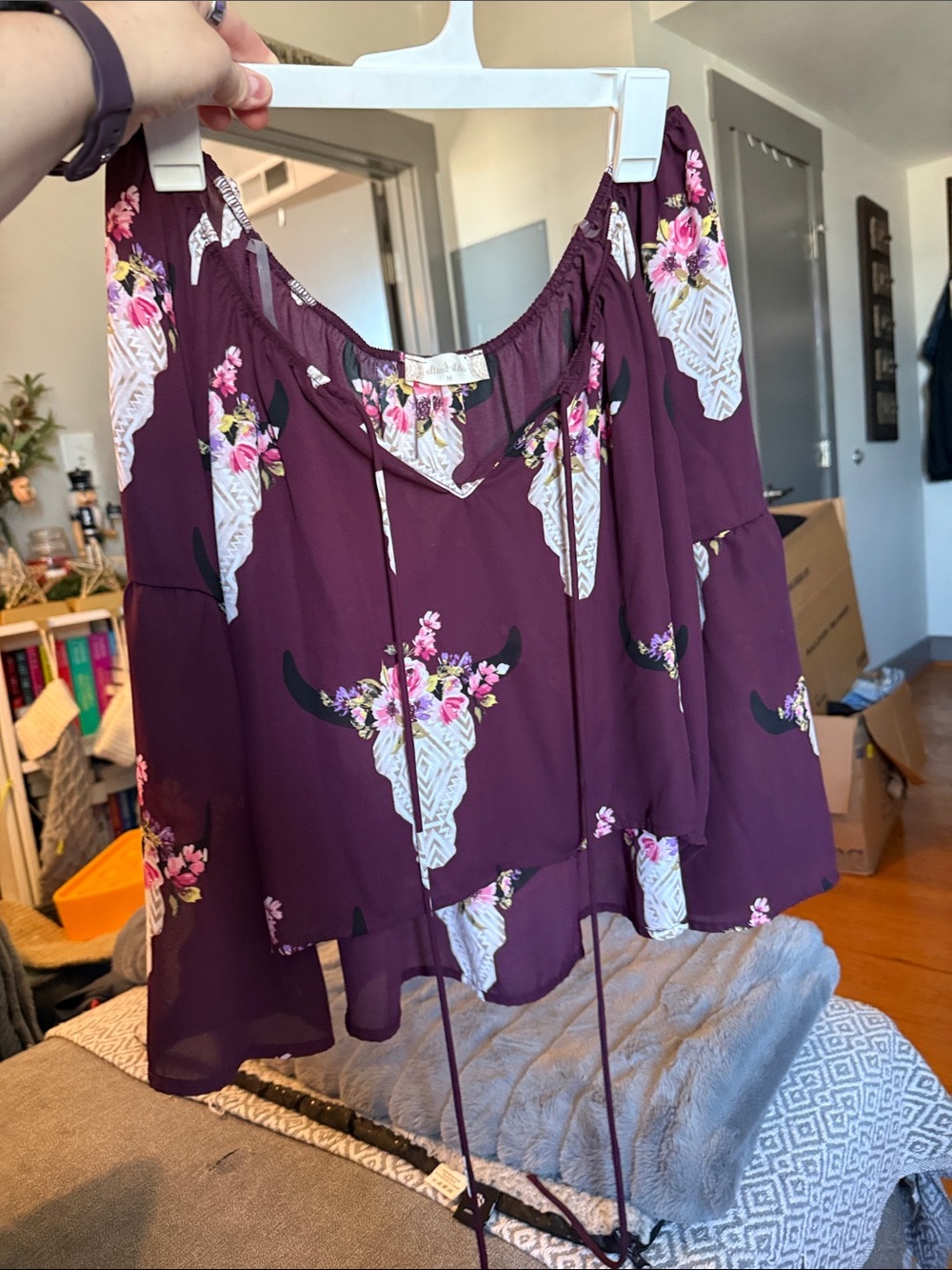Altar'd State Plum Floral Skull Off-Shoulder Blouse